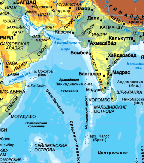 Карта индийского полуострова со странами на русском
